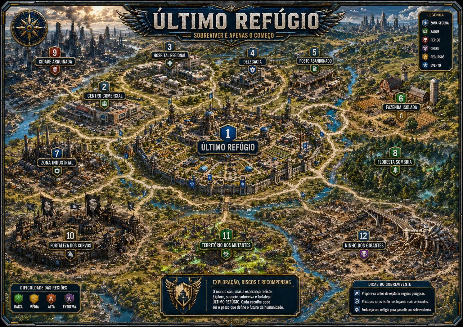 Mapa oficial das 12 regiões do Último Refúgio